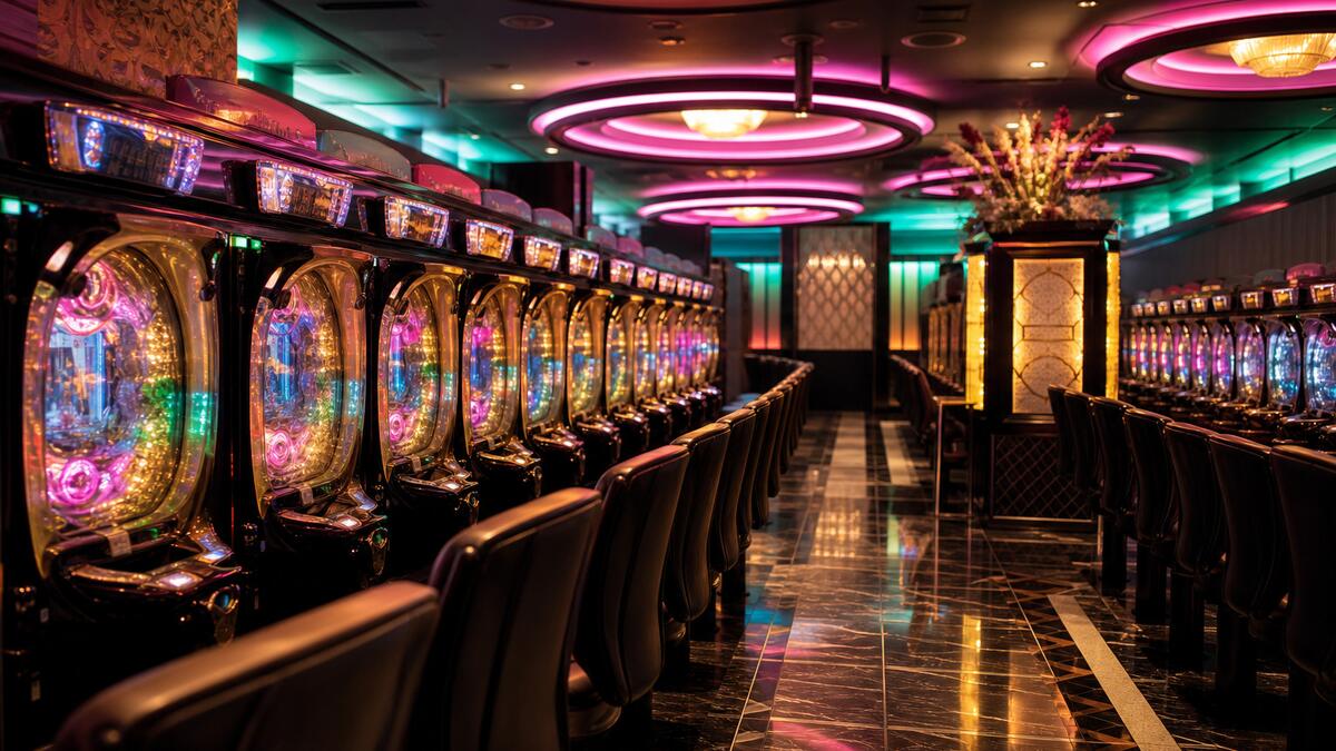 Wnętrze sali Polska Pinball Hall z rzędami automatów pachinko i neonowym oświetleniem